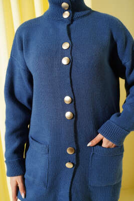 Gold Düğmeli Cepli Triko Hırka İndigo - Hırka