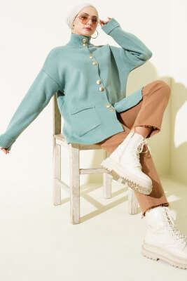 Gold Düğmeli Cepli Triko Hırka Mint Yeşili - RAFİMİX