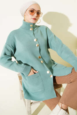 Gold Düğmeli Cepli Triko Hırka Mint Yeşili - Hırka