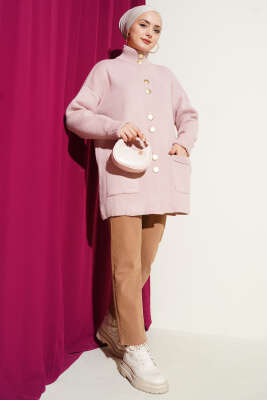 Gold Düğmeli Cepli Triko Hırka Pudra - Hırka