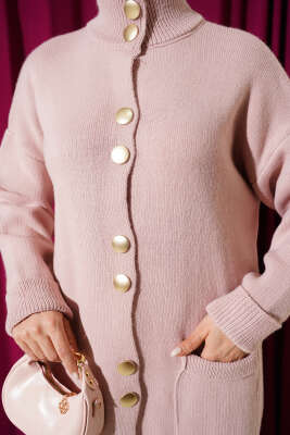 Gold Düğmeli Cepli Triko Hırka Pudra - Hırka