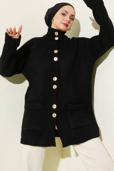 Gold Düğmeli Cepli Triko Hırka Siyah - Hırka