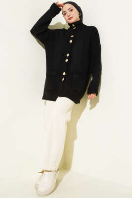Gold Düğmeli Cepli Triko Hırka Siyah - Hırka