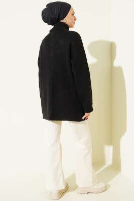 Gold Düğmeli Cepli Triko Hırka Siyah - Hırka