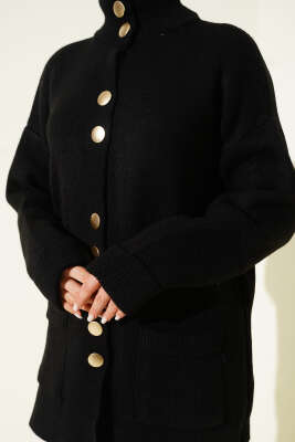 Gold Düğmeli Cepli Triko Hırka Siyah - Hırka