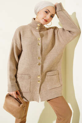 Gold Düğmeli Cepli Triko Hırka Vizon - RAFİMİX