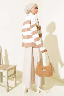 Gold Düğmeli Çizgili Kısa Triko Hırka Büsküvi - Triko Hırka