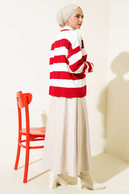 Gold Düğmeli Çizgili Kısa Triko Hırka Kırmızı - Triko Hırka