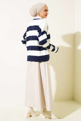 Gold Düğmeli Çizgili Kısa Triko Hırka Lacivert - Triko Hırka