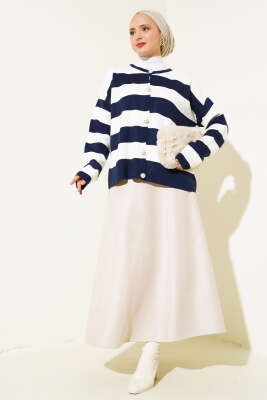 Gold Düğmeli Çizgili Kısa Triko Hırka Lacivert - Triko Hırka