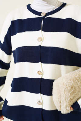 Gold Düğmeli Çizgili Kısa Triko Hırka Lacivert - Triko Hırka