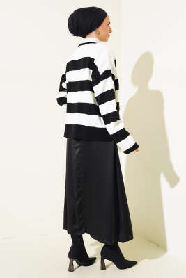 Gold Düğmeli Çizgili Kısa Triko Hırka Siyah - Triko Hırka