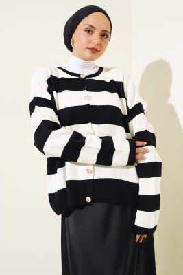 Gold Düğmeli Çizgili Kısa Triko Hırka Siyah - Triko Hırka