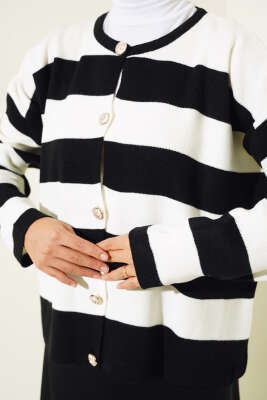 Gold Düğmeli Çizgili Kısa Triko Hırka Siyah - Triko Hırka