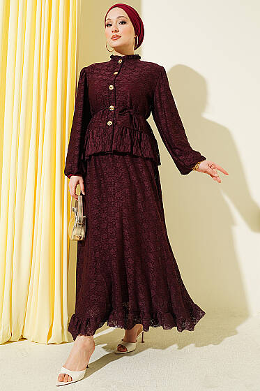 Gold Düğmeli Dantelli Etekli İkili Takım Bordo - İkili Takım