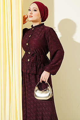 Gold Düğmeli Dantelli Etekli İkili Takım Bordo - İkili Takım