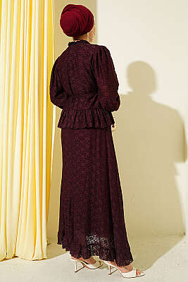 Gold Düğmeli Dantelli Etekli İkili Takım Bordo - İkili Takım