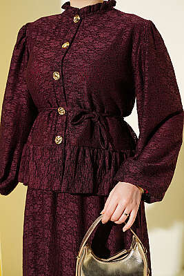 Gold Düğmeli Dantelli Etekli İkili Takım Bordo - İkili Takım