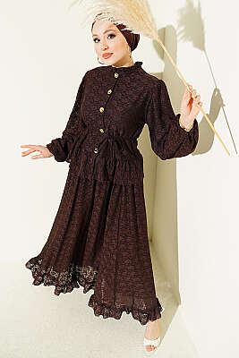 Gold Düğmeli Dantelli Etekli İkili Takım Kahve - HATUN