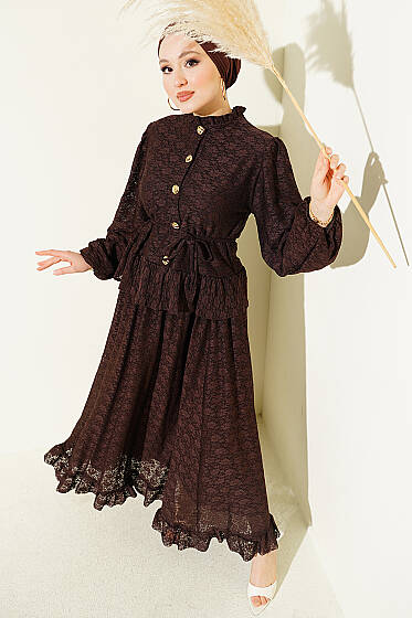 Gold Düğmeli Dantelli Etekli İkili Takım Kahve - İkili Takım