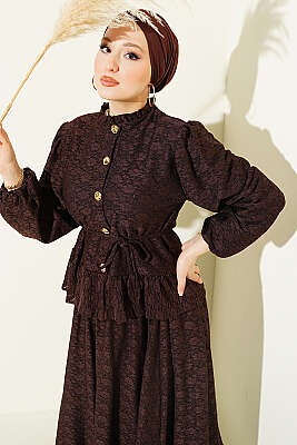 Gold Düğmeli Dantelli Etekli İkili Takım Kahve - İkili Takım