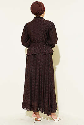 Gold Düğmeli Dantelli Etekli İkili Takım Kahve - İkili Takım