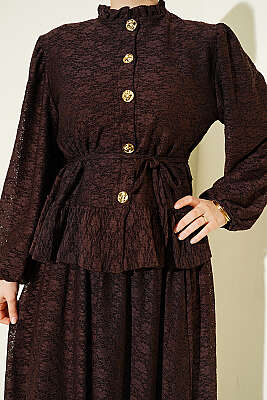 Gold Düğmeli Dantelli Etekli İkili Takım Kahve - İkili Takım