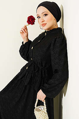 Gold Düğmeli Dantelli Etekli İkili Takım Siyah - HATUN