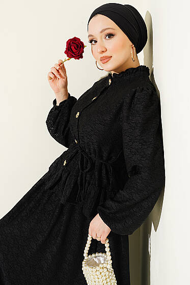 Gold Düğmeli Dantelli Etekli İkili Takım Siyah - İkili Takım