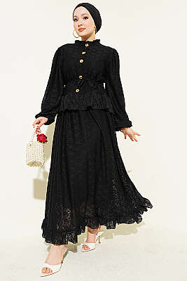 Gold Düğmeli Dantelli Etekli İkili Takım Siyah - İkili Takım