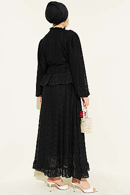 Gold Düğmeli Dantelli Etekli İkili Takım Siyah - İkili Takım