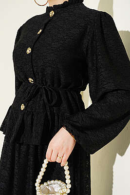 Gold Düğmeli Dantelli Etekli İkili Takım Siyah - İkili Takım