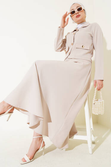 Gold Düğmeli Etekli İkili Takım Bej - İkili Takım