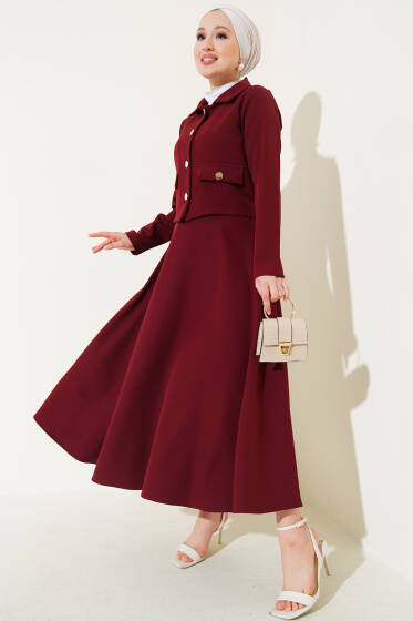 Gold Düğmeli Etekli İkili Takım Bordo - İkili Takım
