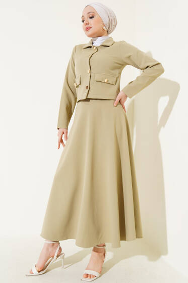 Gold Düğmeli Etekli İkili Takım Çağla Yeşili - İkili Takım