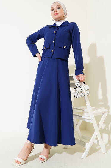 Gold Düğmeli Etekli İkili Takım Lacivert - İkili Takım