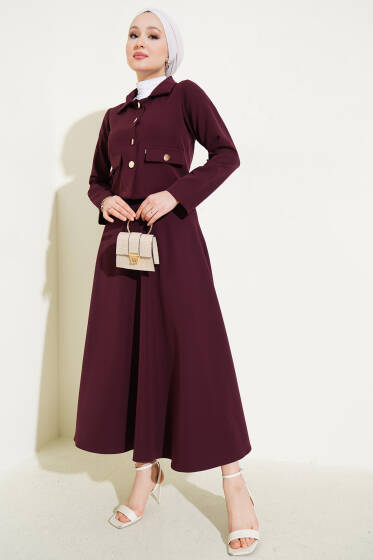 Gold Düğmeli Etekli İkili Takım Mürdüm - İkili Takım