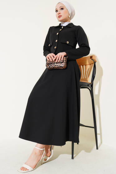Gold Düğmeli Etekli İkili Takım Siyah - İkili Takım