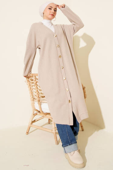 Gold Düğmeli Fitilli Kaşe Hırka Bej - Hırka