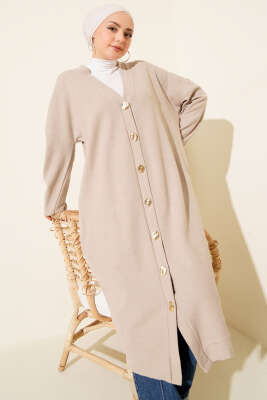 Gold Düğmeli Fitilli Kaşe Hırka Bej - Hırka