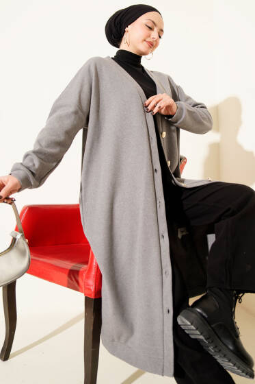 Gold Düğmeli Fitilli Kaşe Hırka Gri - Hırka