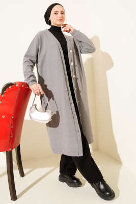 Gold Düğmeli Fitilli Kaşe Hırka Gri - Hırka