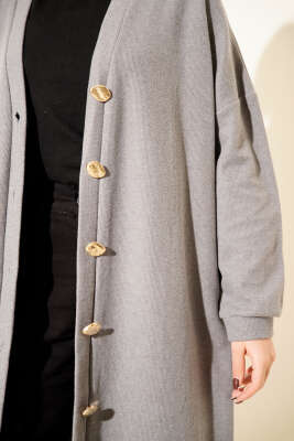 Gold Düğmeli Fitilli Kaşe Hırka Gri - Hırka