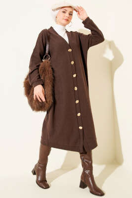 Gold Düğmeli Fitilli Kaşe Hırka Kahve - SAS