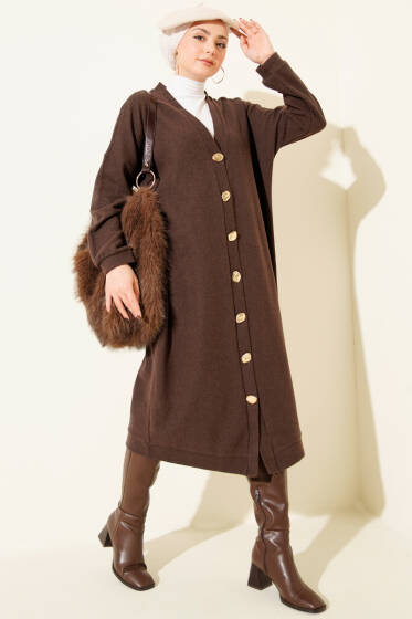 Gold Düğmeli Fitilli Kaşe Hırka Kahve - Hırka