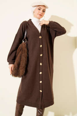 Gold Düğmeli Fitilli Kaşe Hırka Kahve - Hırka