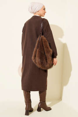 Gold Düğmeli Fitilli Kaşe Hırka Kahve - Hırka