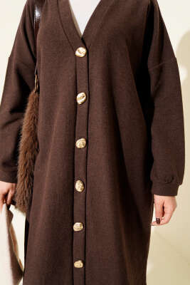 Gold Düğmeli Fitilli Kaşe Hırka Kahve - Hırka