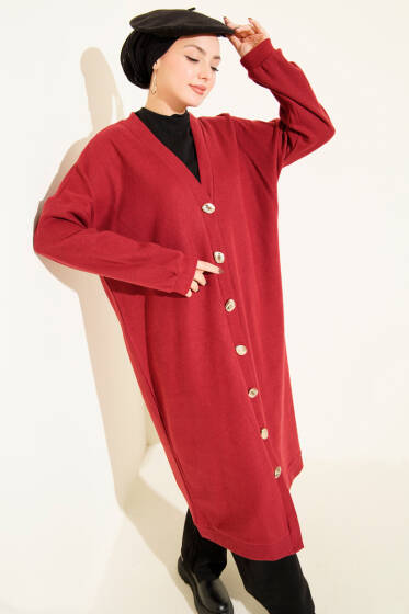 Gold Düğmeli Fitilli Kaşe Hırka Kırmızı - Hırka