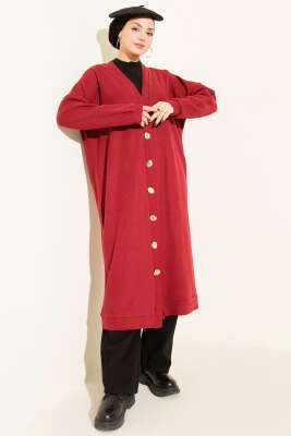 Gold Düğmeli Fitilli Kaşe Hırka Kırmızı - Hırka